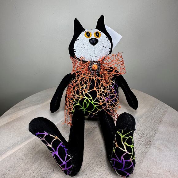Halloween Black Cat Plush Decor Spider Web Scarf BG Creations Handmade NEW - Picture 9 of 9